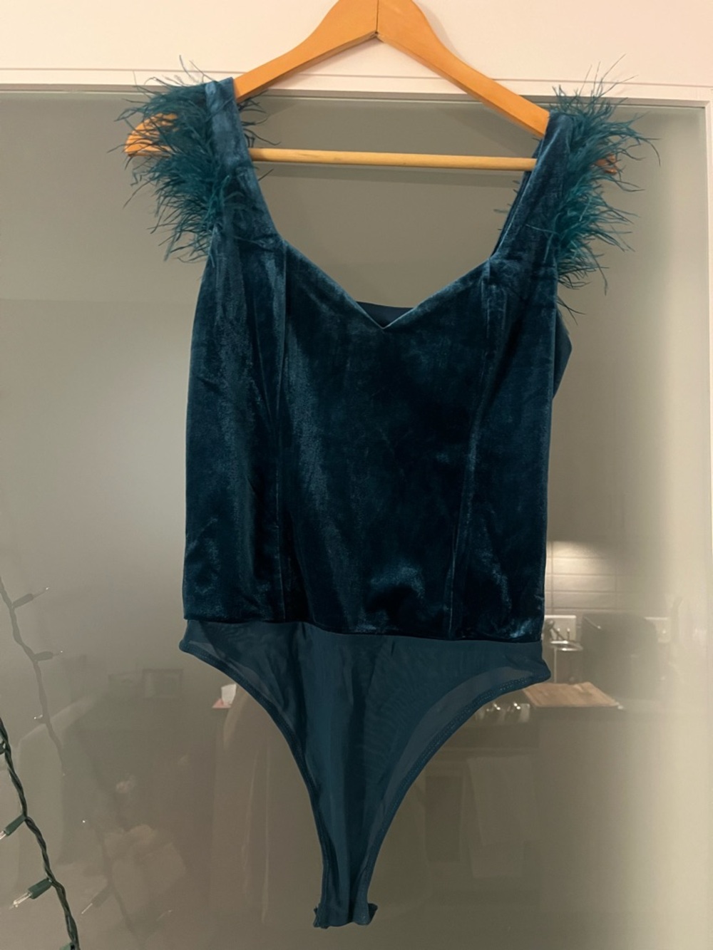 Lulu's Teal Velvet Feather-Trim Bodysuit - Picture 6 of 6